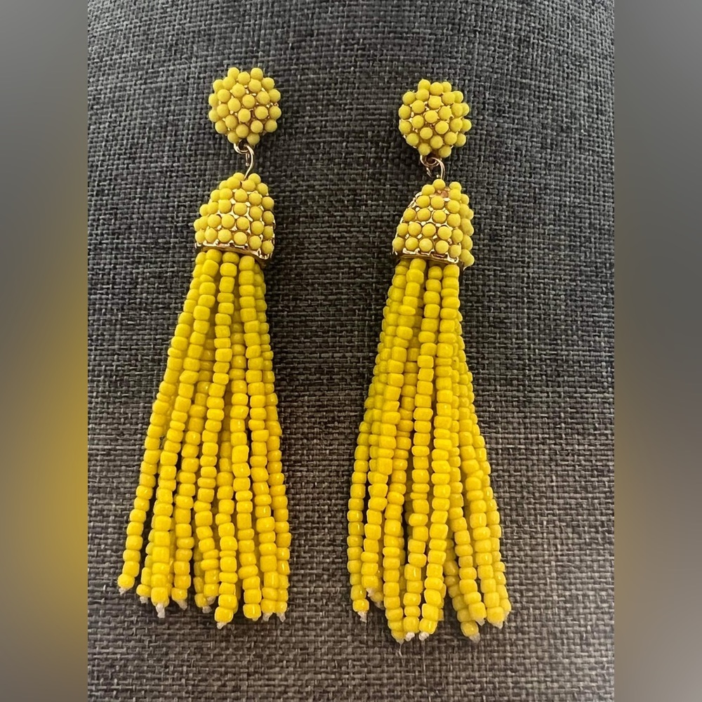 Pearl Earrings tassel-drop, Bead-embellished,  Long tassel earrings • Yellow